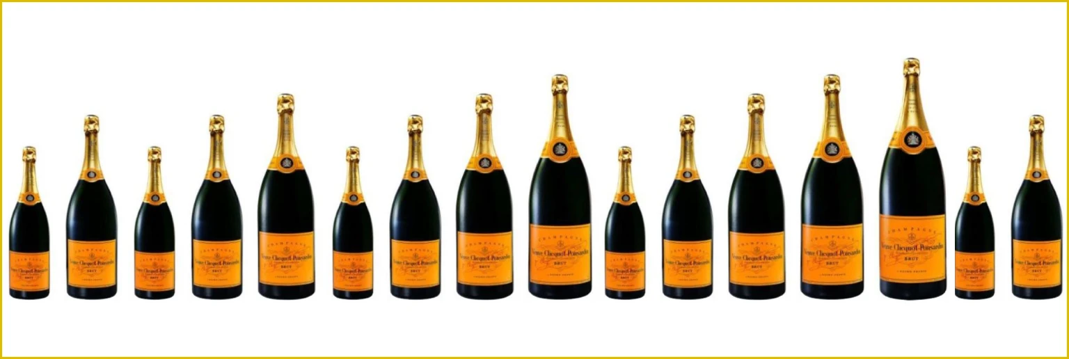 Veuve Clicquot champagne bottles in different sizes lined up