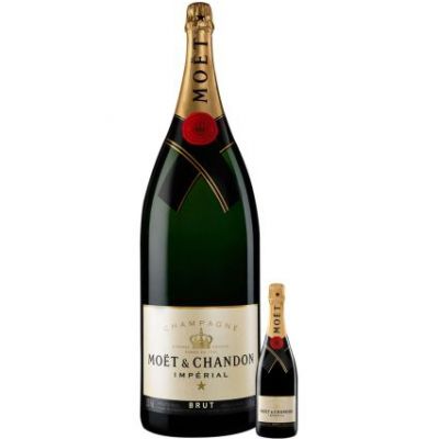 Moët & Chandon Brut Impérial Nebuchadnezzar 15 litre champagne bottle next to 20CL mini bottle