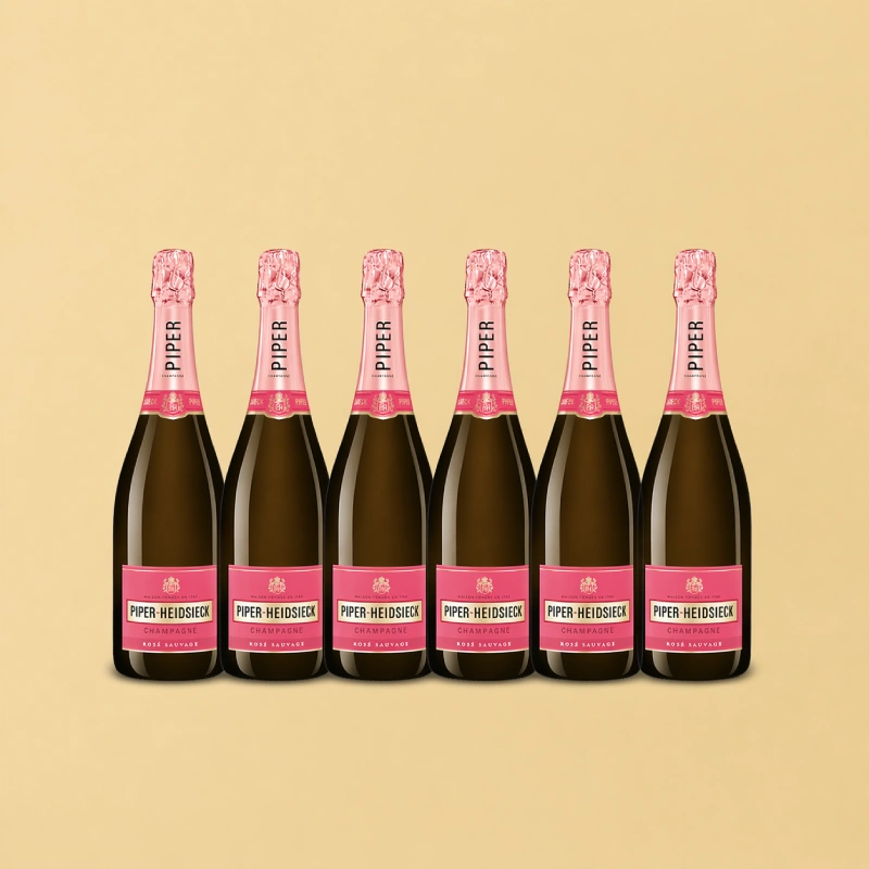 Six bottles of Piper-Heidsieck Rosé Sauvage champagne side by side