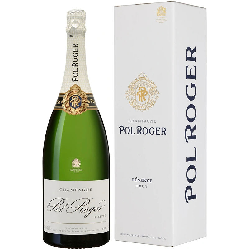 Pol Roger Brut Réserve champagne presented in a white gift box from the Champagne house Pol Roger in Épernay