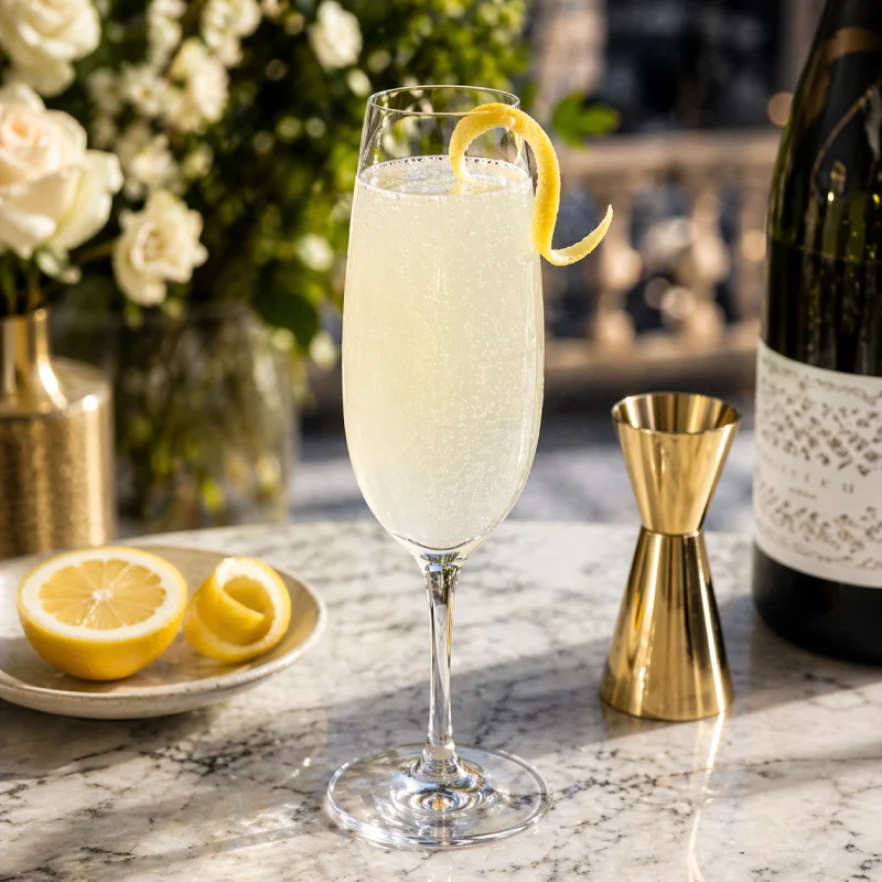 French 75 cocktail with lemon twist in champagne flute on marble table