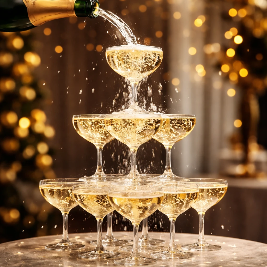 Champagne tower with filled glasses while champagne is being poured
