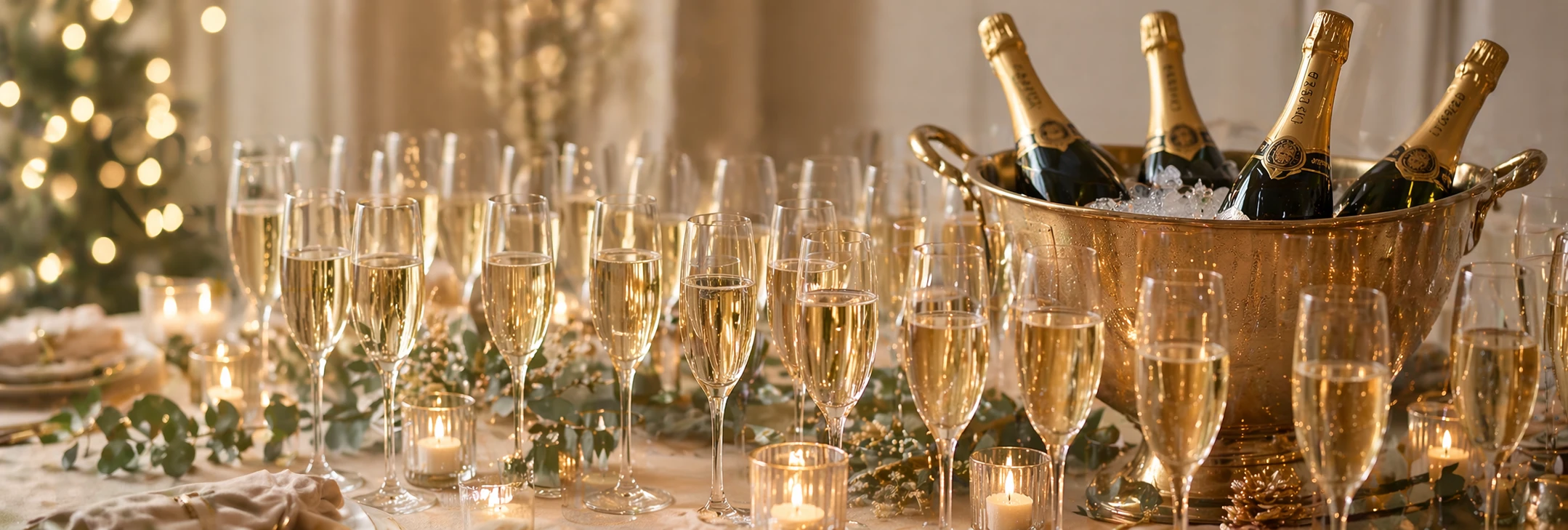 Festive table with champagne glasses and bottles in an ice bucket at a New Year reception
