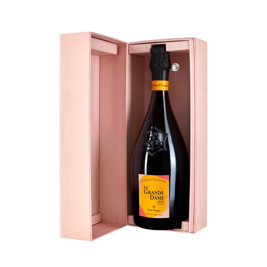 Veuve Clicquot La Grande Dame 2015 champagne in an opened luxury pink gift box