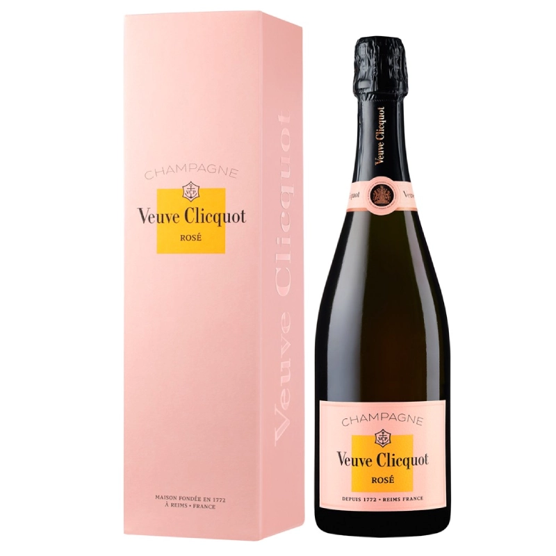 Bottle of Veuve Clicquot Rosé champagne with pink gift box