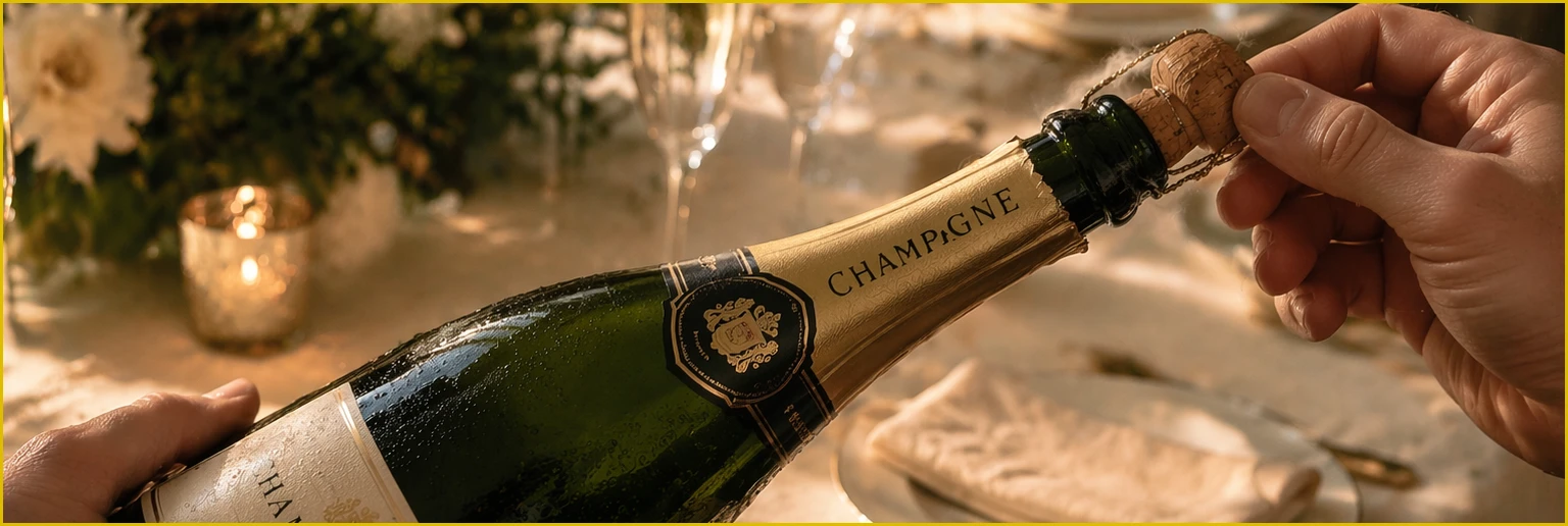 Opening a champagne bottle while carefully holding the cork