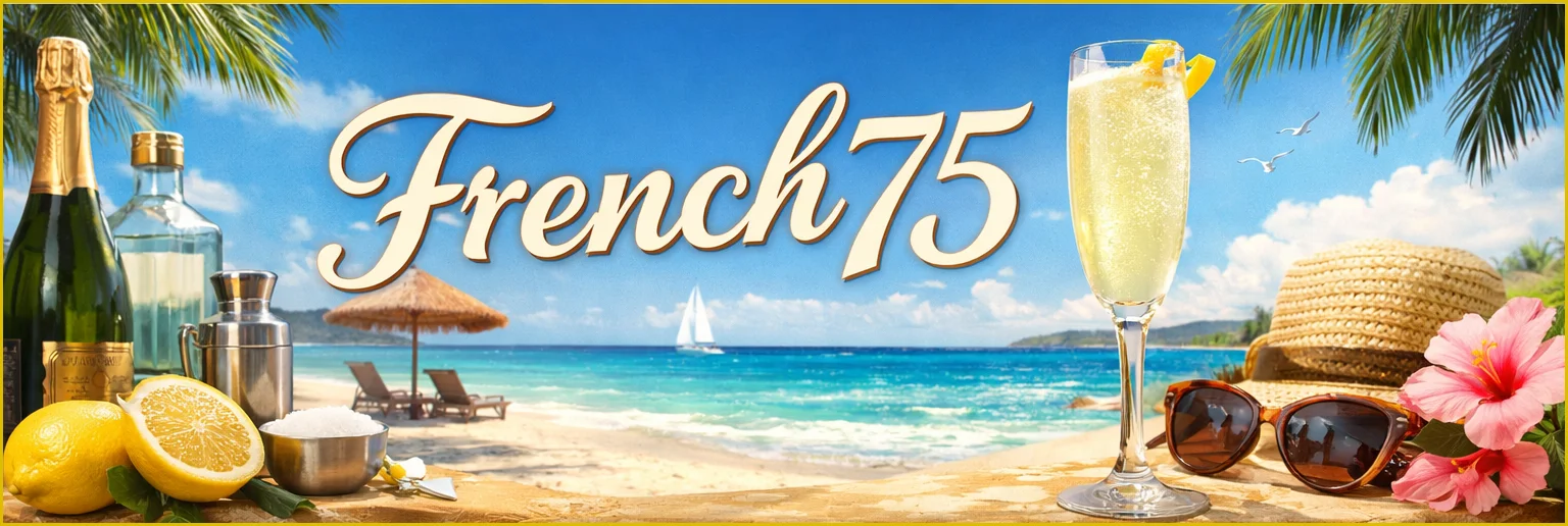 French 75 champagne cocktail with lemon and gin ingredients on a sunny beach setting