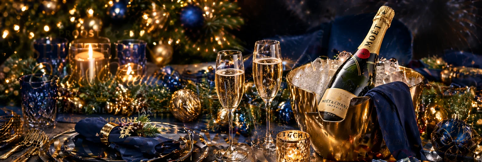 Festively set table with champagne, glasses and Christmas decorations