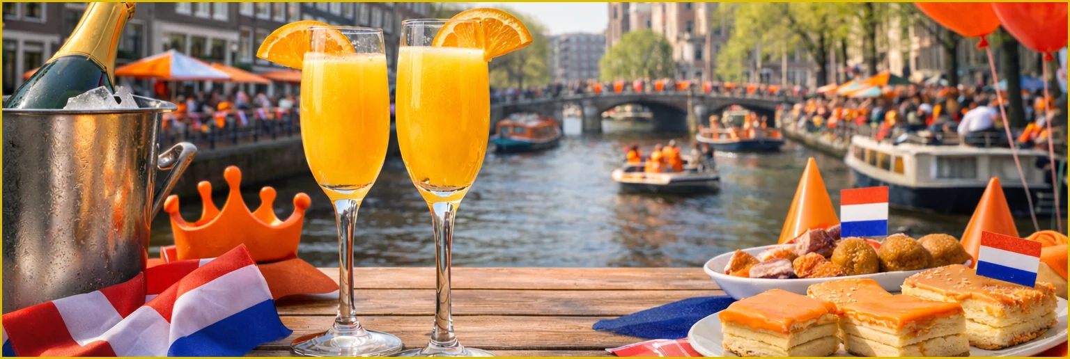 Two Mimosa cocktails on a festive King's Day table along an Amsterdam canal