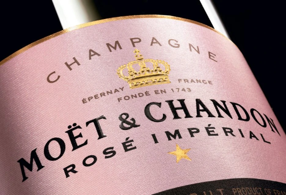 Close-up of the label of Moët & Chandon Rosé Impérial champagne