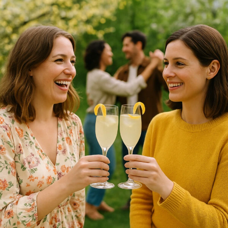 Two women toasting with French 75 cocktails garnished with lemon peel at an outdoor gathering