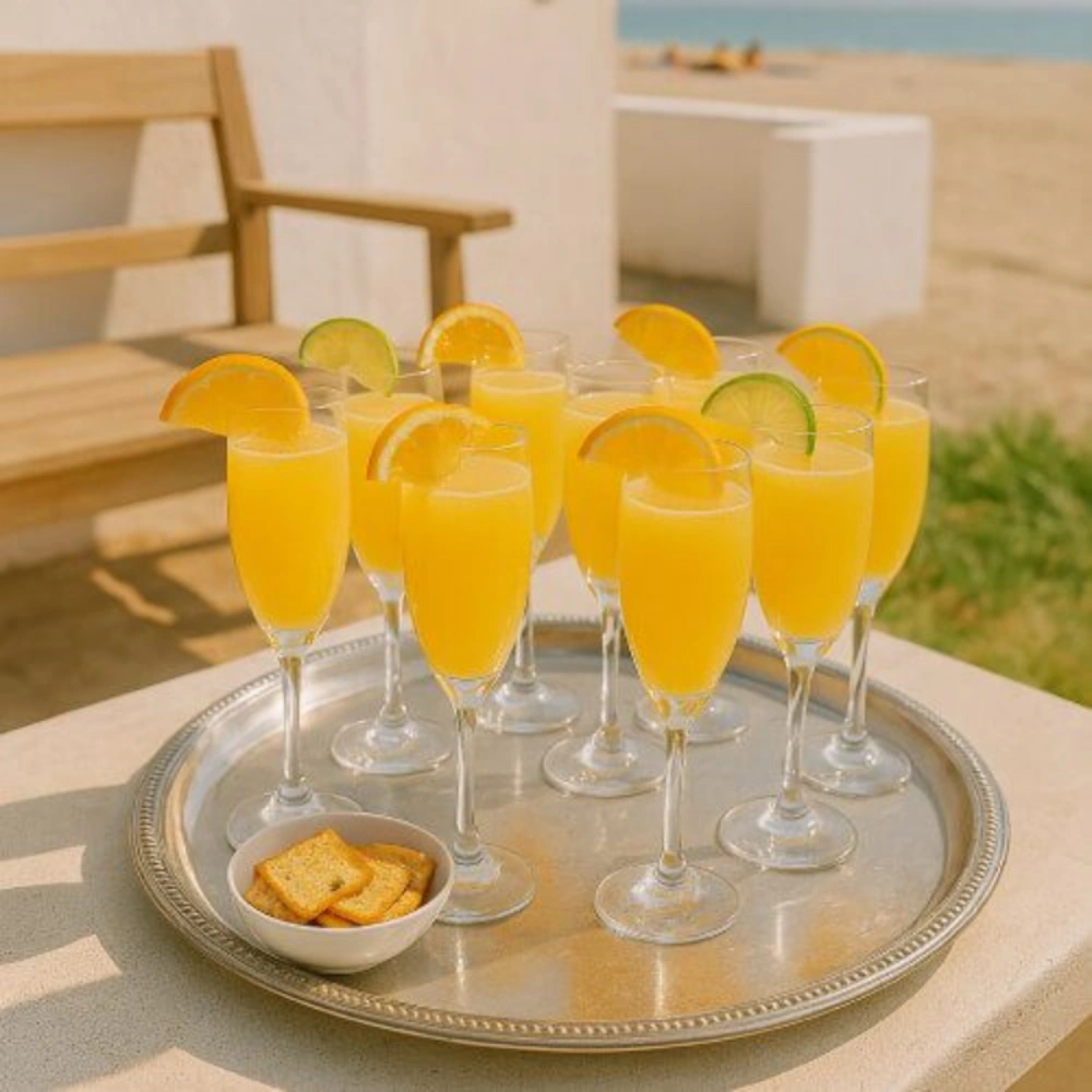 Tray with multiple Mimosa cocktails garnished with orange slices on a sunny terrace