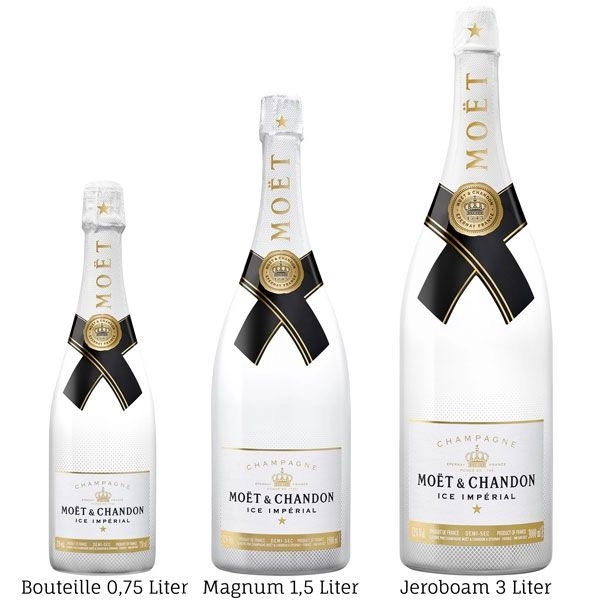 Moët & Chandon Ice Impérial champagne bottles in 75CL, Magnum 1.5 litre and Jeroboam 3 litre formats