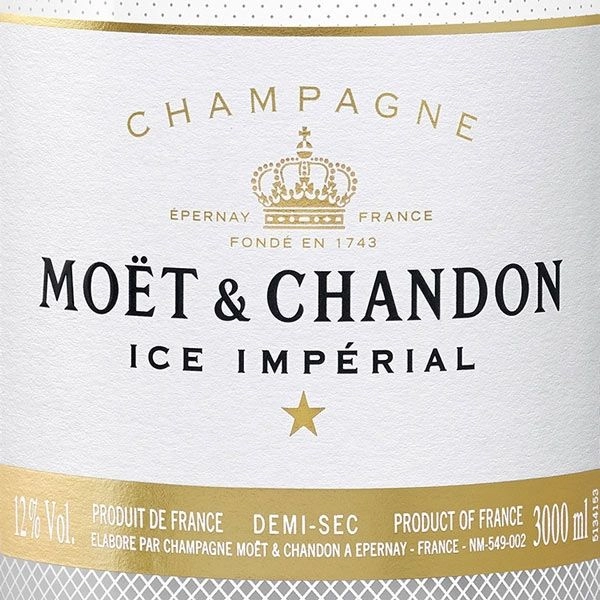Close-up of the label on a Moët & Chandon Ice Impérial Jeroboam 3 litre champagne bottle