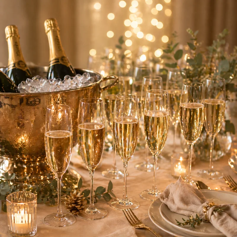 Champagne flutes and chilled bottles on a festive table at a New Year reception