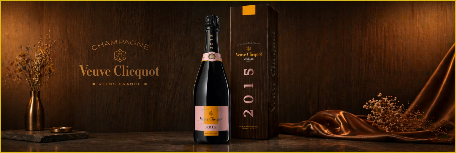 Veuve Clicquot Vintage Rosé 2015 with gift boxon luxurious dark background