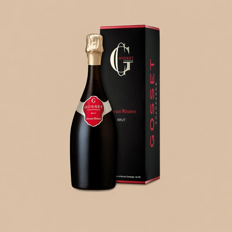 Bottle of Gosset Grande Réserve Brut champagne with black gift box